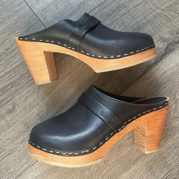 Maguba Women’s Size 36 Stockholm Black Leather Heeled Clog Shoes - Picture 2 of 7